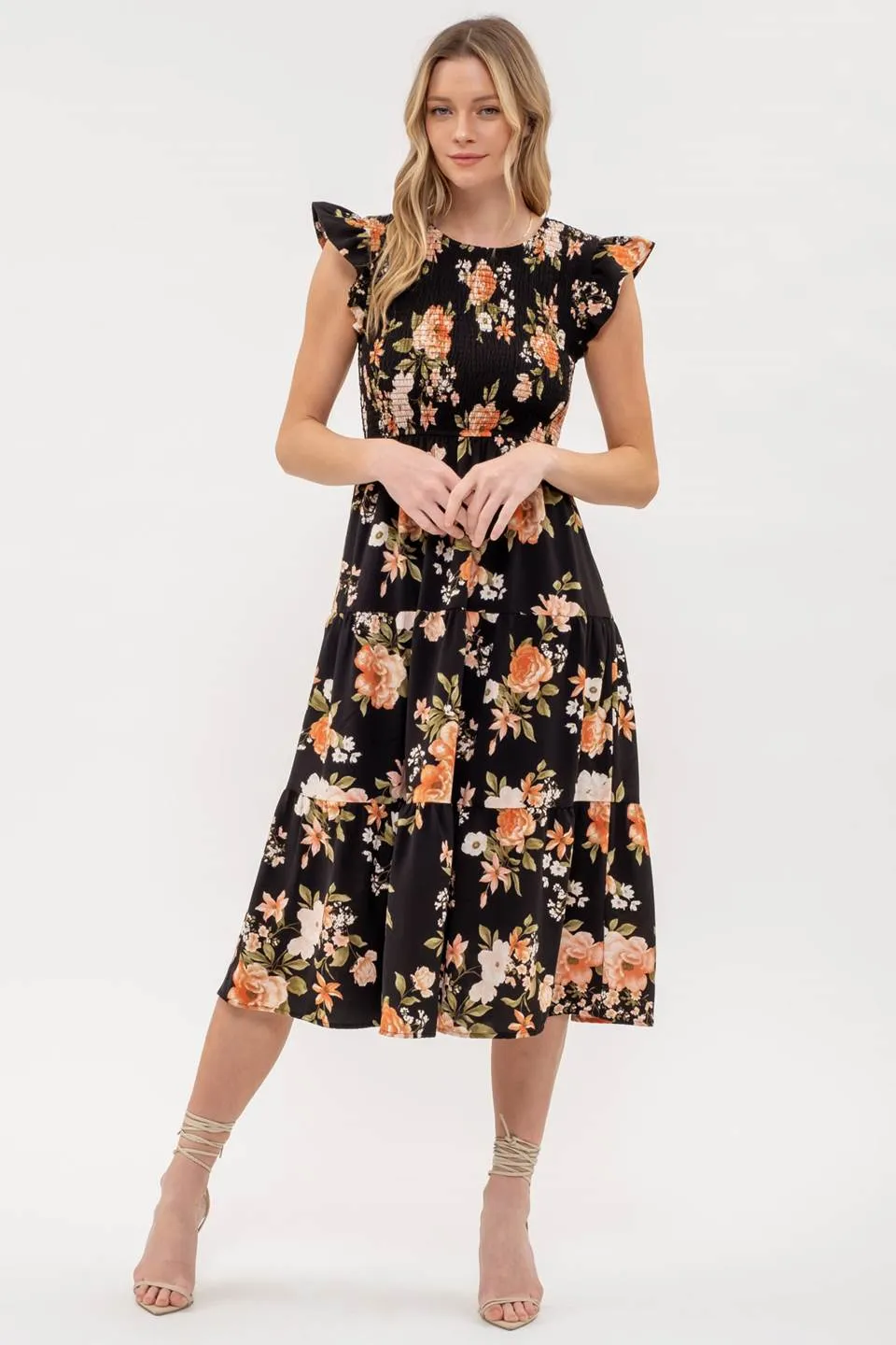 SMOCKED TIERED FLORAL MIDI DRESS
