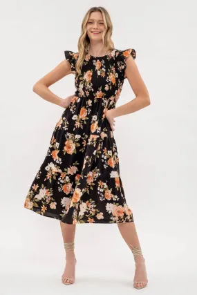 SMOCKED TIERED FLORAL MIDI DRESS