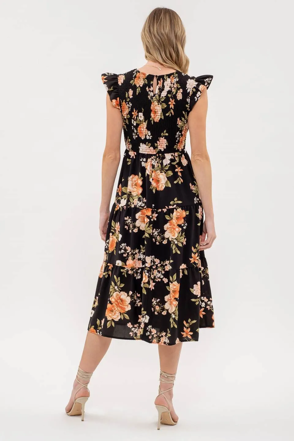 SMOCKED TIERED FLORAL MIDI DRESS