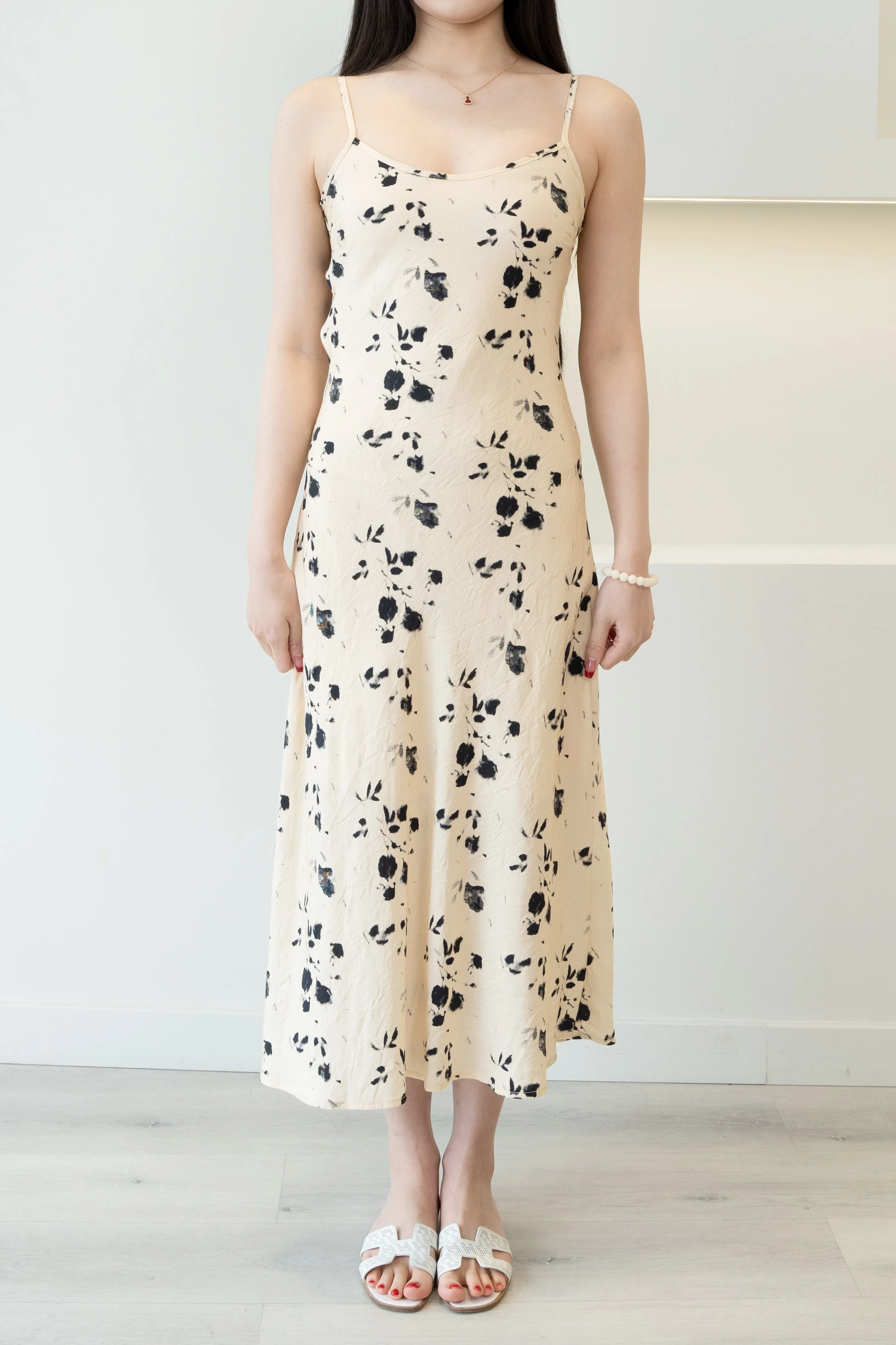 Spaghetti Strap Floral Ink Midi Slip Dress