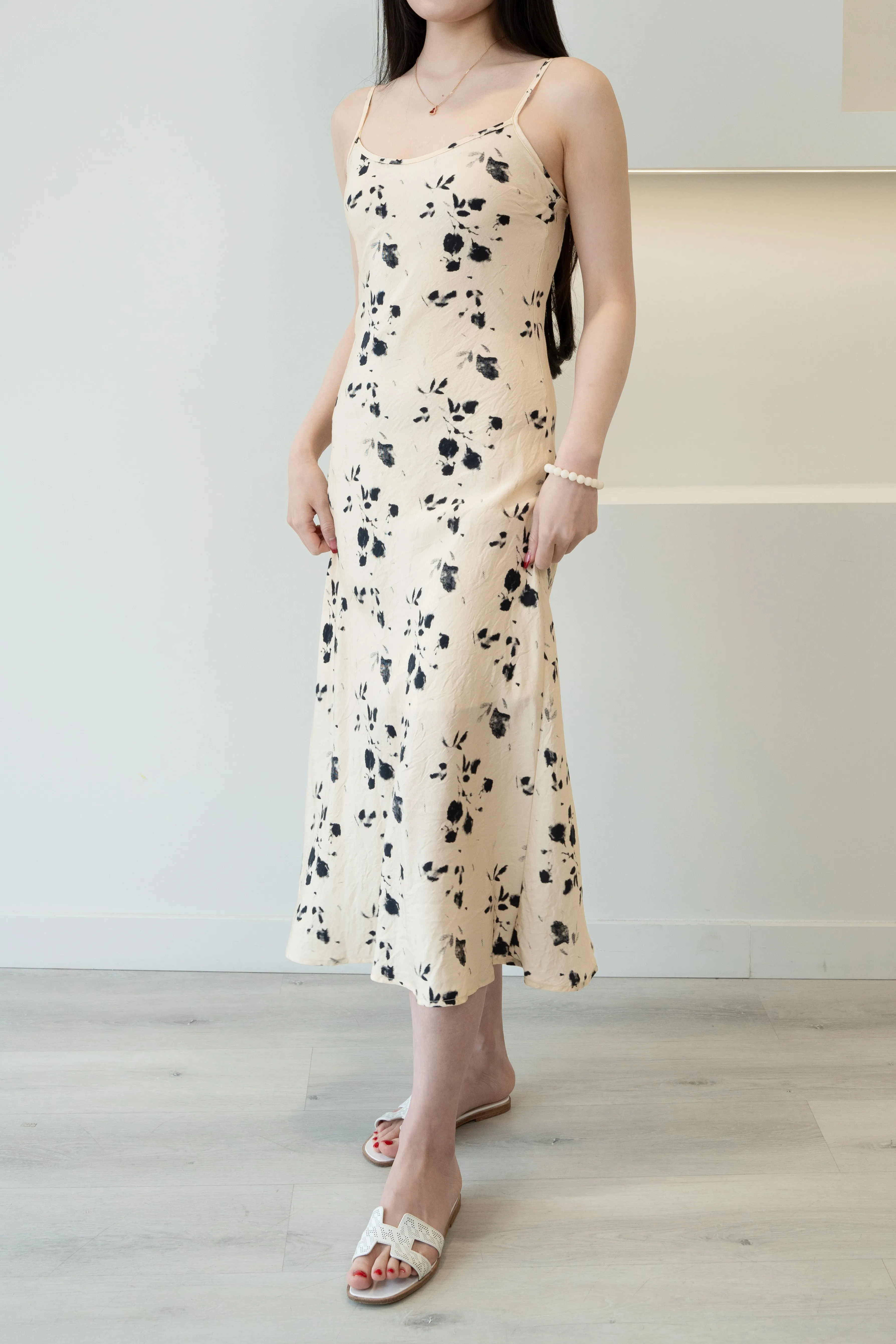 Spaghetti Strap Floral Ink Midi Slip Dress