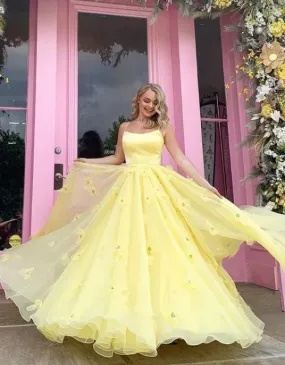 Straps Tulle Bodice 3D Flowers With Back Lace Up Yellow Long Prom Dress    fg663