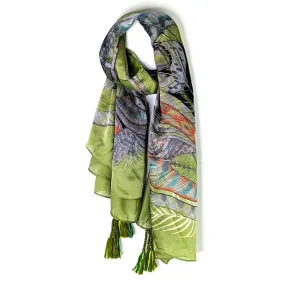 Sweeping feather print scarf with corner tassels