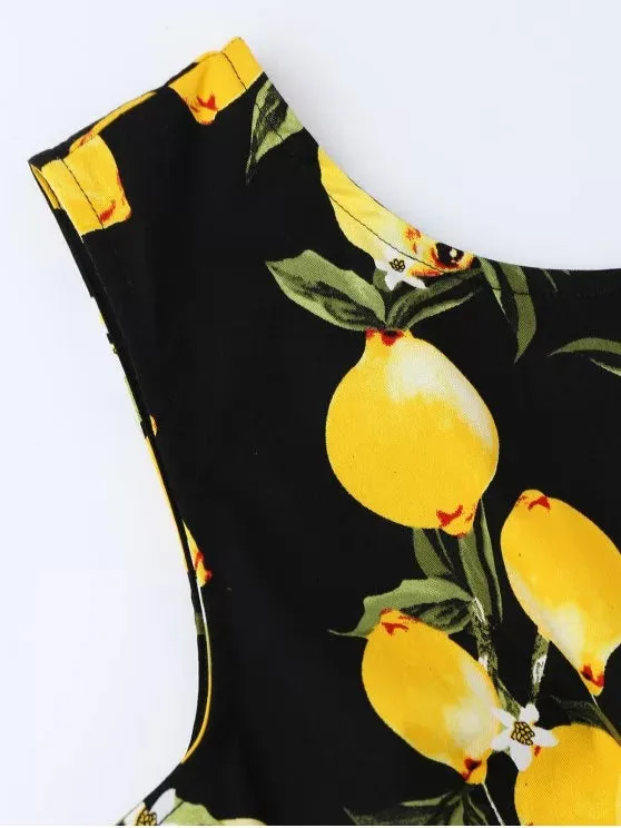 TastyHottie - Trendy Lemon Print Sleeveless Flare Dress