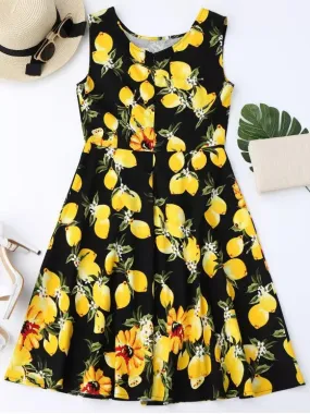 TastyHottie - Trendy Lemon Print Sleeveless Flare Dress
