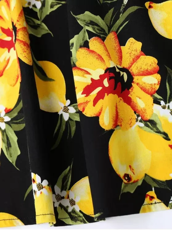 TastyHottie - Trendy Lemon Print Sleeveless Flare Dress