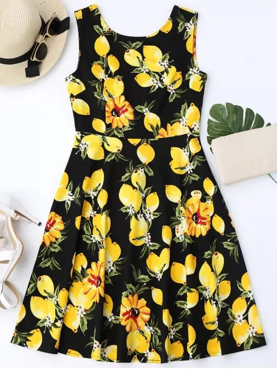 TastyHottie - Trendy Lemon Print Sleeveless Flare Dress