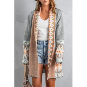 The Geometric Open Front Long Sleeve Cardigan In Gray, Blue, Or Brown