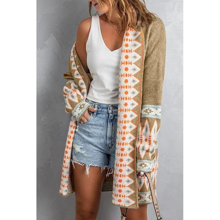 The Geometric Open Front Long Sleeve Cardigan In Gray, Blue, Or Brown