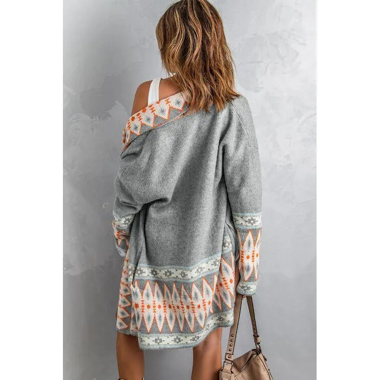 The Geometric Open Front Long Sleeve Cardigan In Gray, Blue, Or Brown