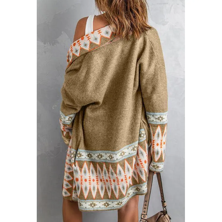 The Geometric Open Front Long Sleeve Cardigan In Gray, Blue, Or Brown