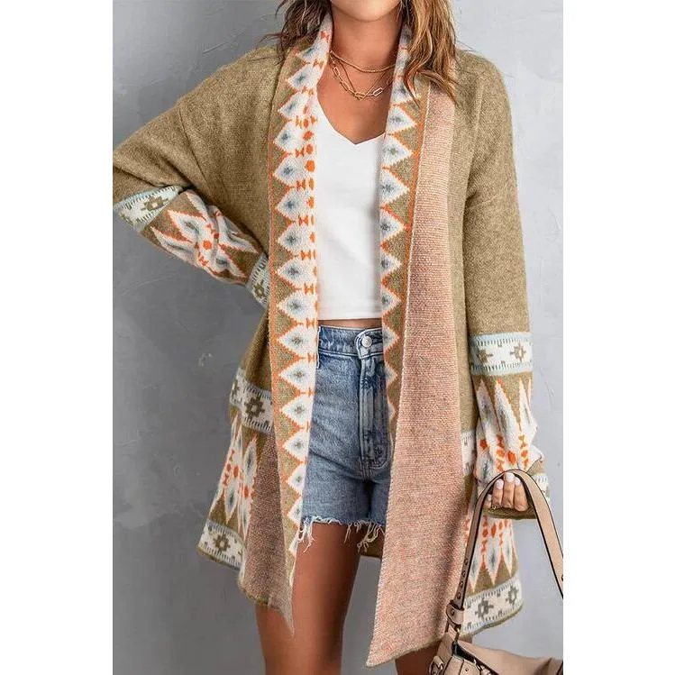 The Geometric Open Front Long Sleeve Cardigan In Gray, Blue, Or Brown