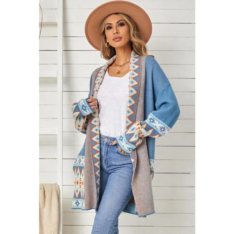 The Geometric Open Front Long Sleeve Cardigan In Gray, Blue, Or Brown