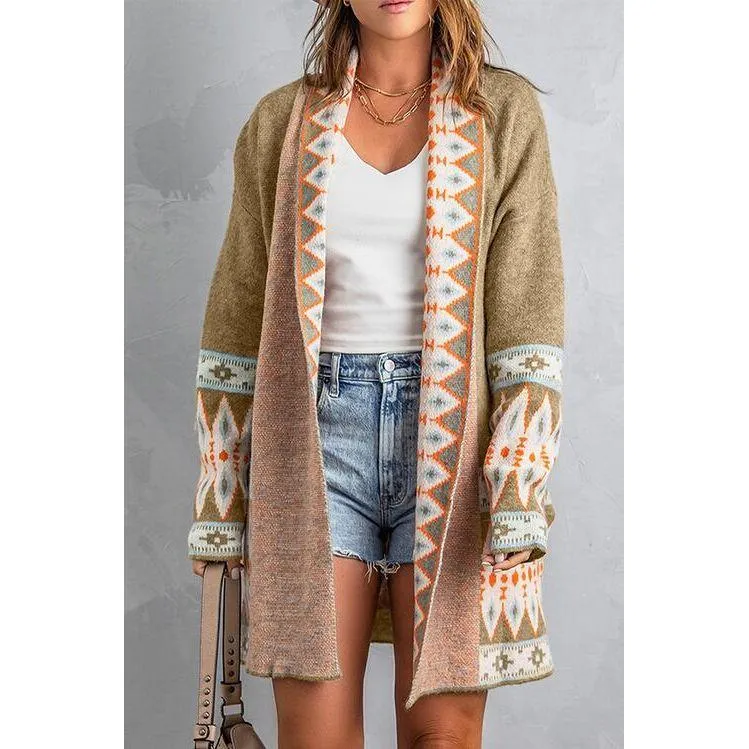 The Geometric Open Front Long Sleeve Cardigan In Gray, Blue, Or Brown