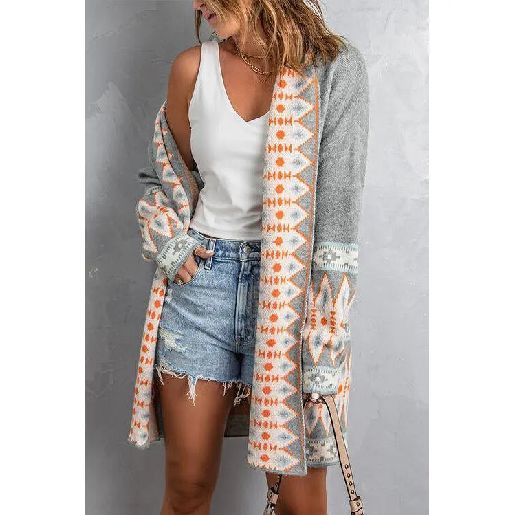The Geometric Open Front Long Sleeve Cardigan In Gray, Blue, Or Brown