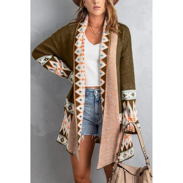The Geometric Open Front Long Sleeve Cardigan In Gray, Blue, Or Brown