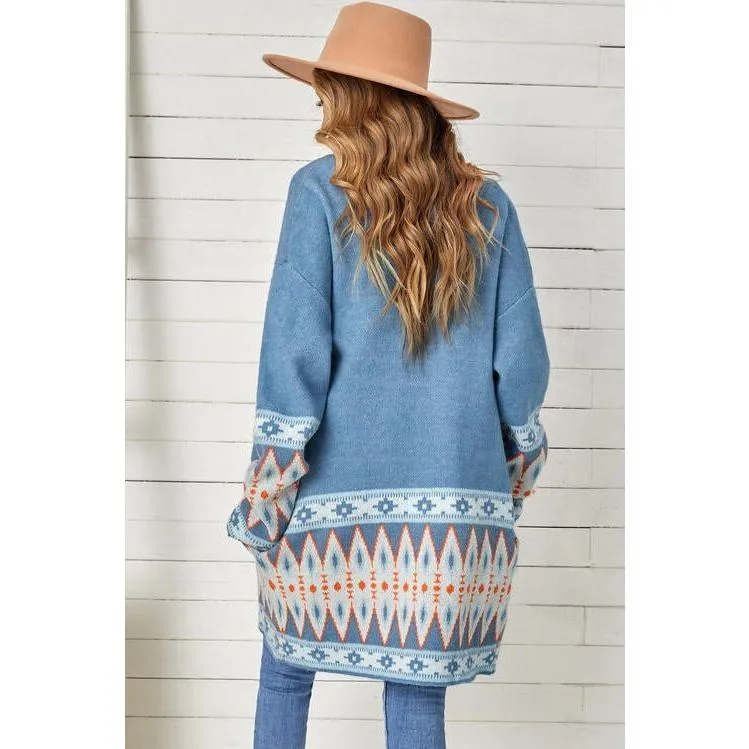 The Geometric Open Front Long Sleeve Cardigan In Gray, Blue, Or Brown