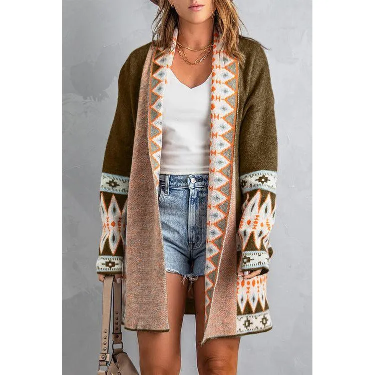 The Geometric Open Front Long Sleeve Cardigan In Gray, Blue, Or Brown