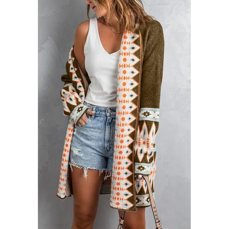 The Geometric Open Front Long Sleeve Cardigan In Gray, Blue, Or Brown