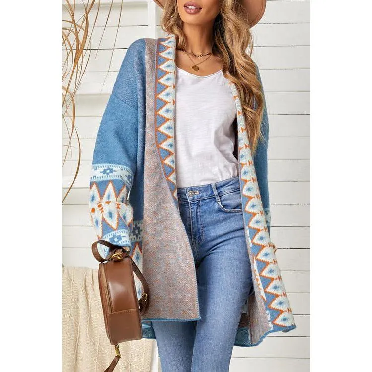The Geometric Open Front Long Sleeve Cardigan In Gray, Blue, Or Brown