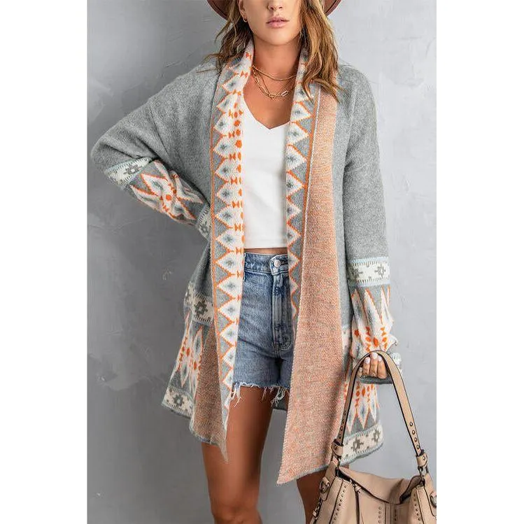 The Geometric Open Front Long Sleeve Cardigan In Gray, Blue, Or Brown