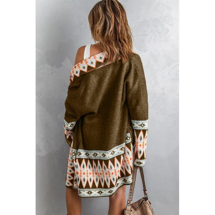 The Geometric Open Front Long Sleeve Cardigan In Gray, Blue, Or Brown