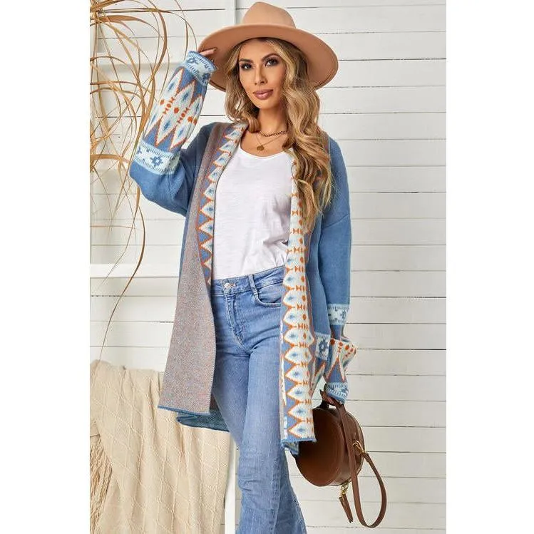 The Geometric Open Front Long Sleeve Cardigan In Gray, Blue, Or Brown