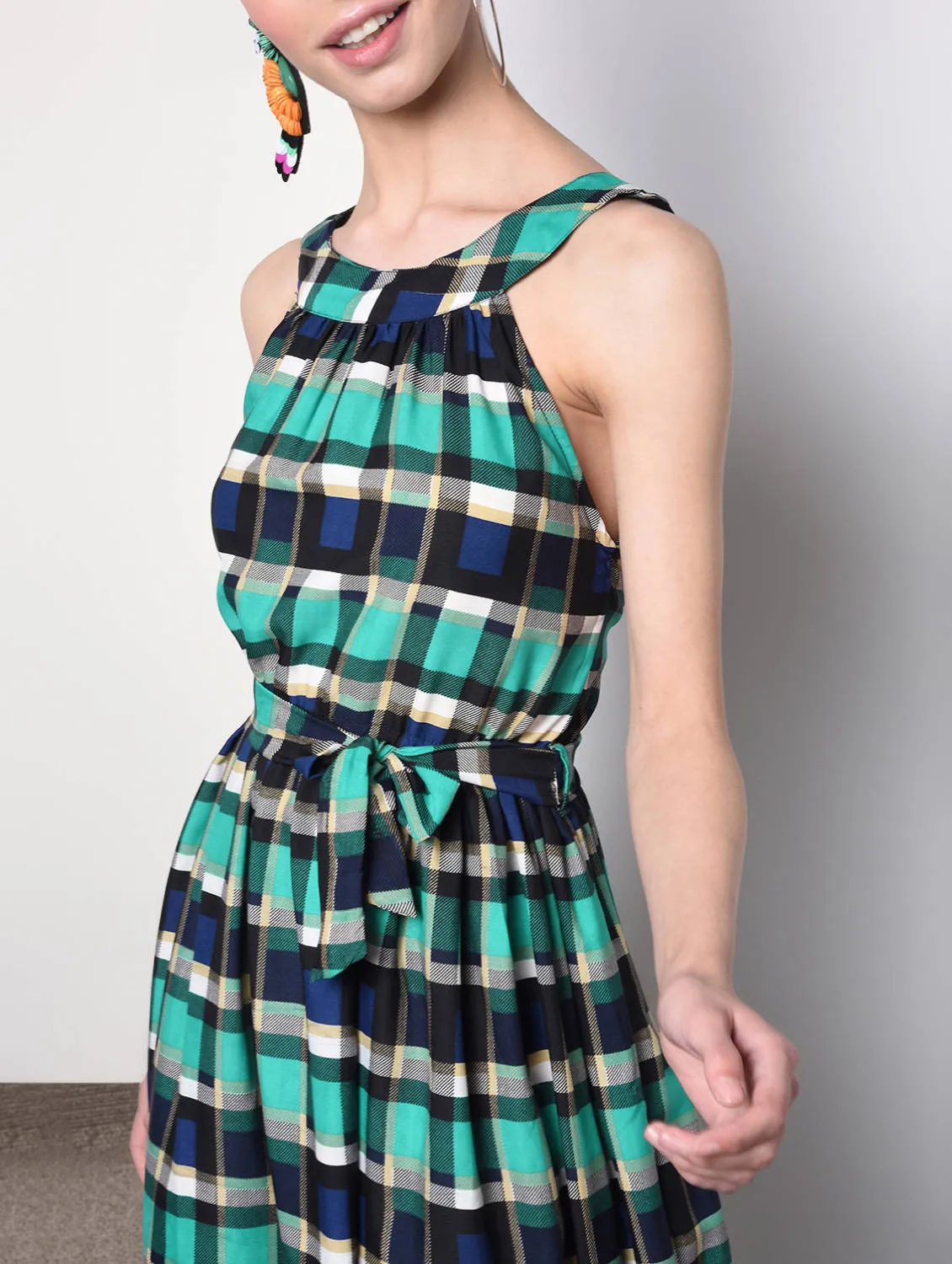 Tie front checkered maxi dress