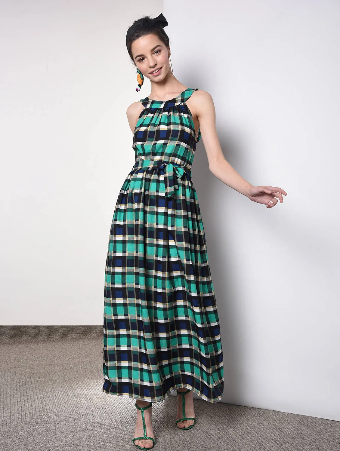 Tie front checkered maxi dress