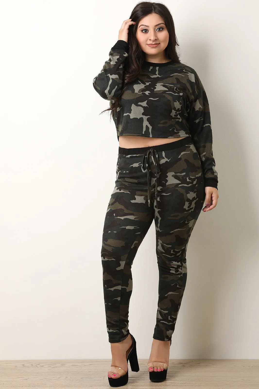 Two-Piece Camo Crop Sweater with Pants Set