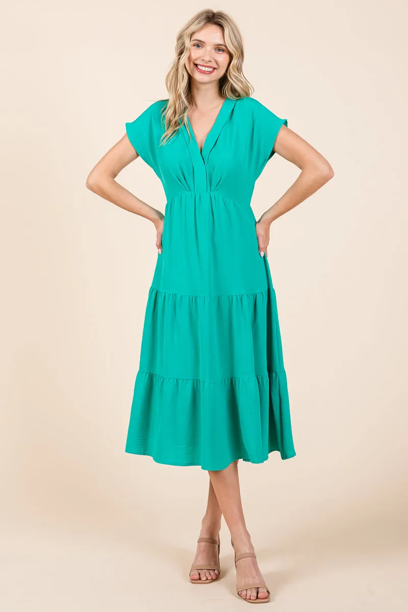 V Neck Tiered Cap Sleeve Pleated Ruffle Midi Dress
