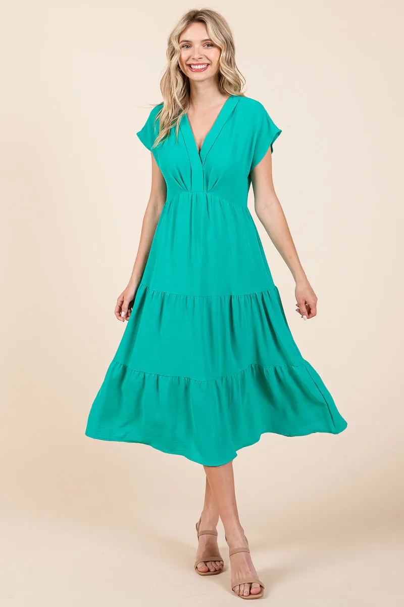 V Neck Tiered Cap Sleeve Pleated Ruffle Midi Dress