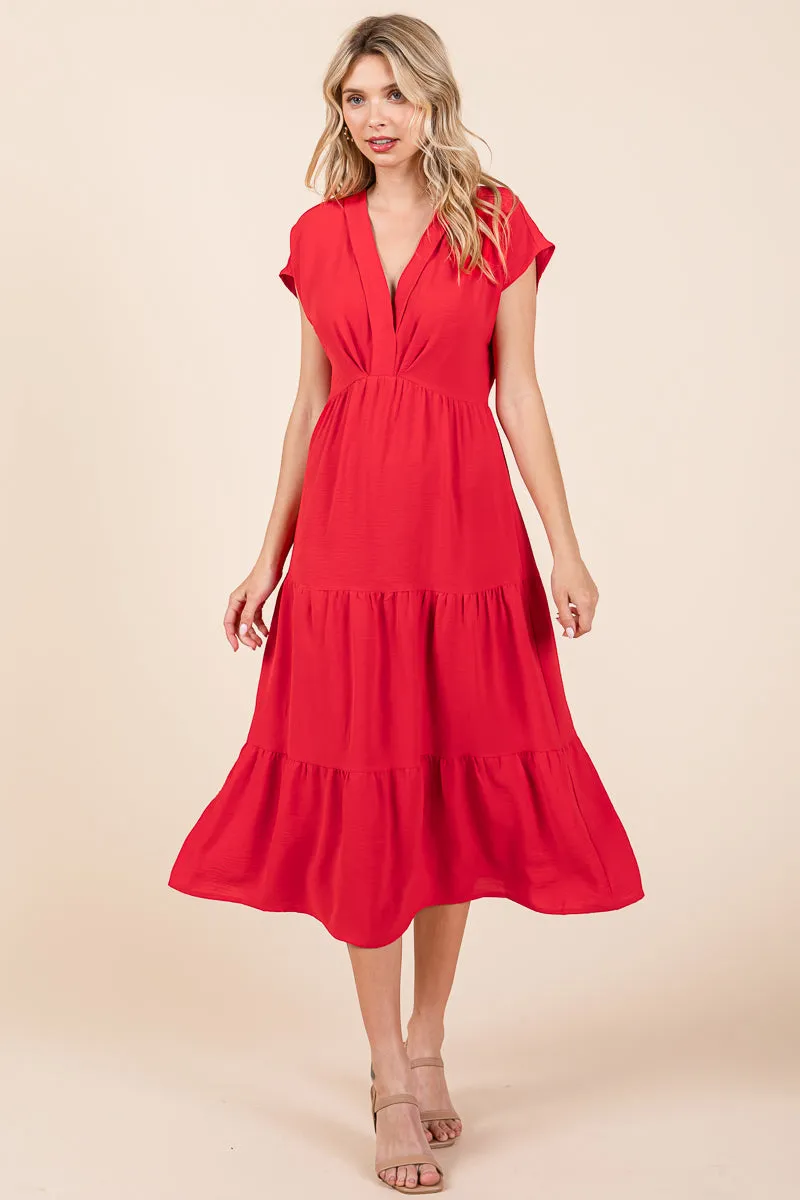 V Neck Tiered Cap Sleeve Pleated Ruffle Midi Dress