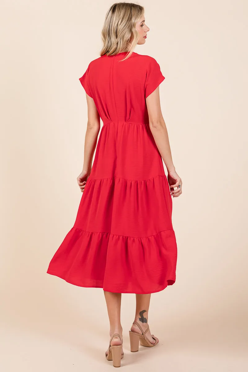 V Neck Tiered Cap Sleeve Pleated Ruffle Midi Dress