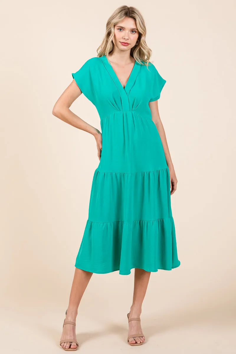 V Neck Tiered Cap Sleeve Pleated Ruffle Midi Dress