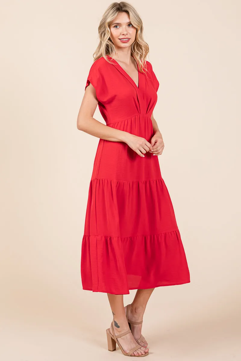 V Neck Tiered Cap Sleeve Pleated Ruffle Midi Dress