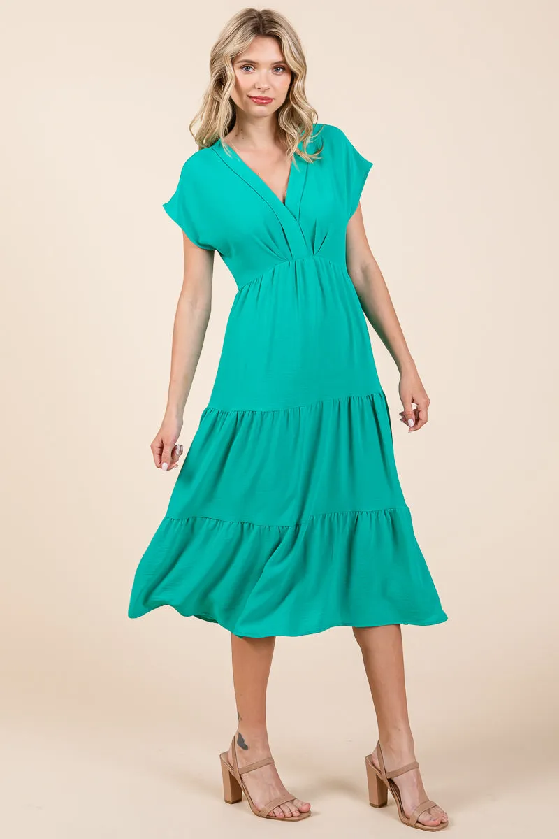 V Neck Tiered Cap Sleeve Pleated Ruffle Midi Dress