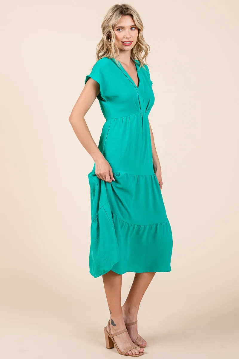 V Neck Tiered Cap Sleeve Pleated Ruffle Midi Dress