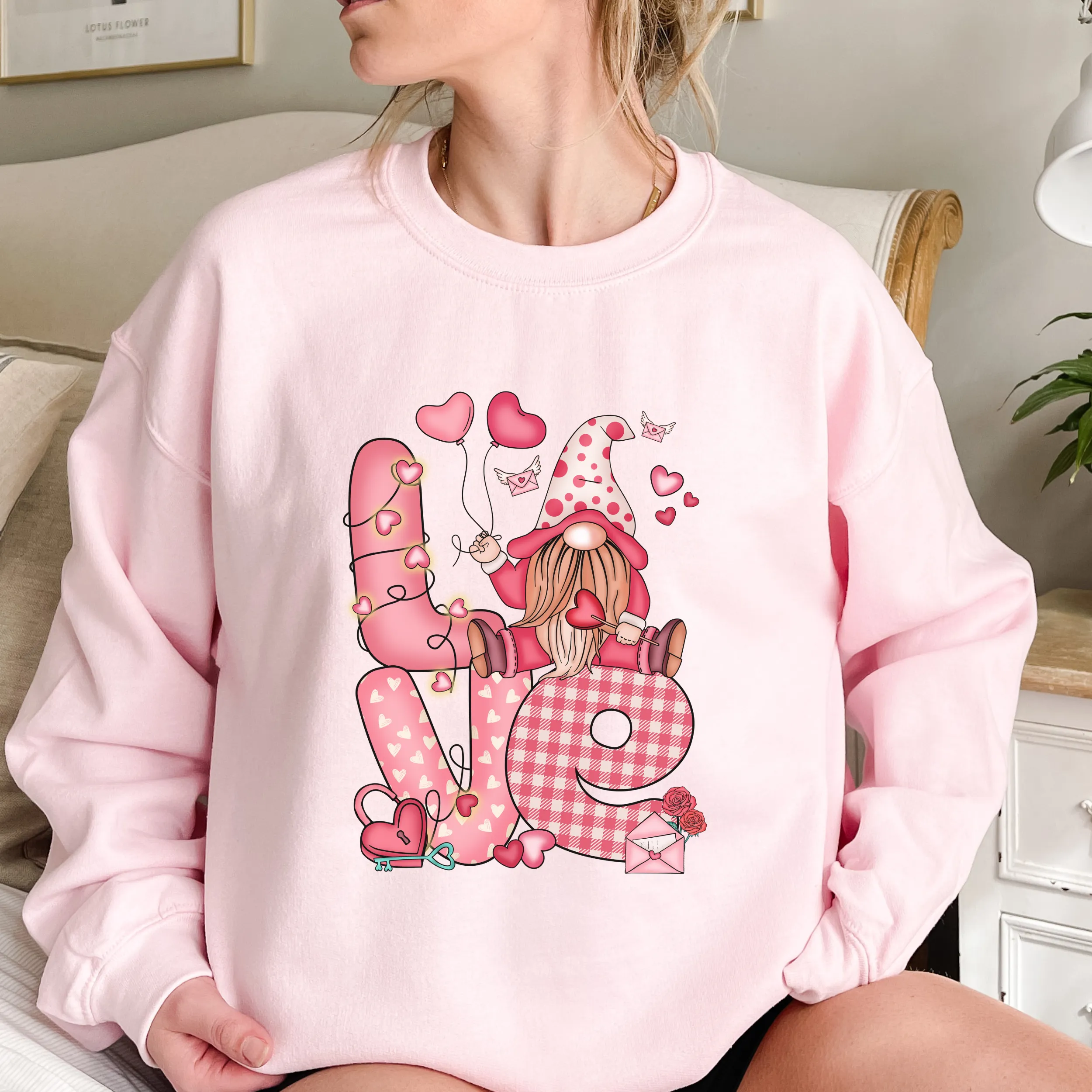 Valentine's Day Unisex-Size Winter Crewneck Sweatshirt Winter Pullover Winter Hand Drawn Winter Gnome Love Pink or White Sweatshirt