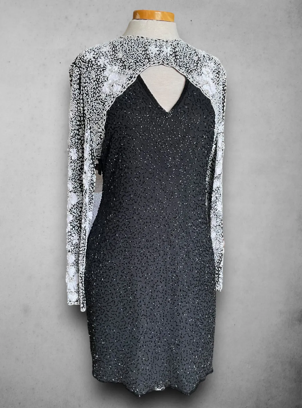 Vintage 1970’s Silk Black & White Glass Beaded, Sequin & Pearl Party Dress