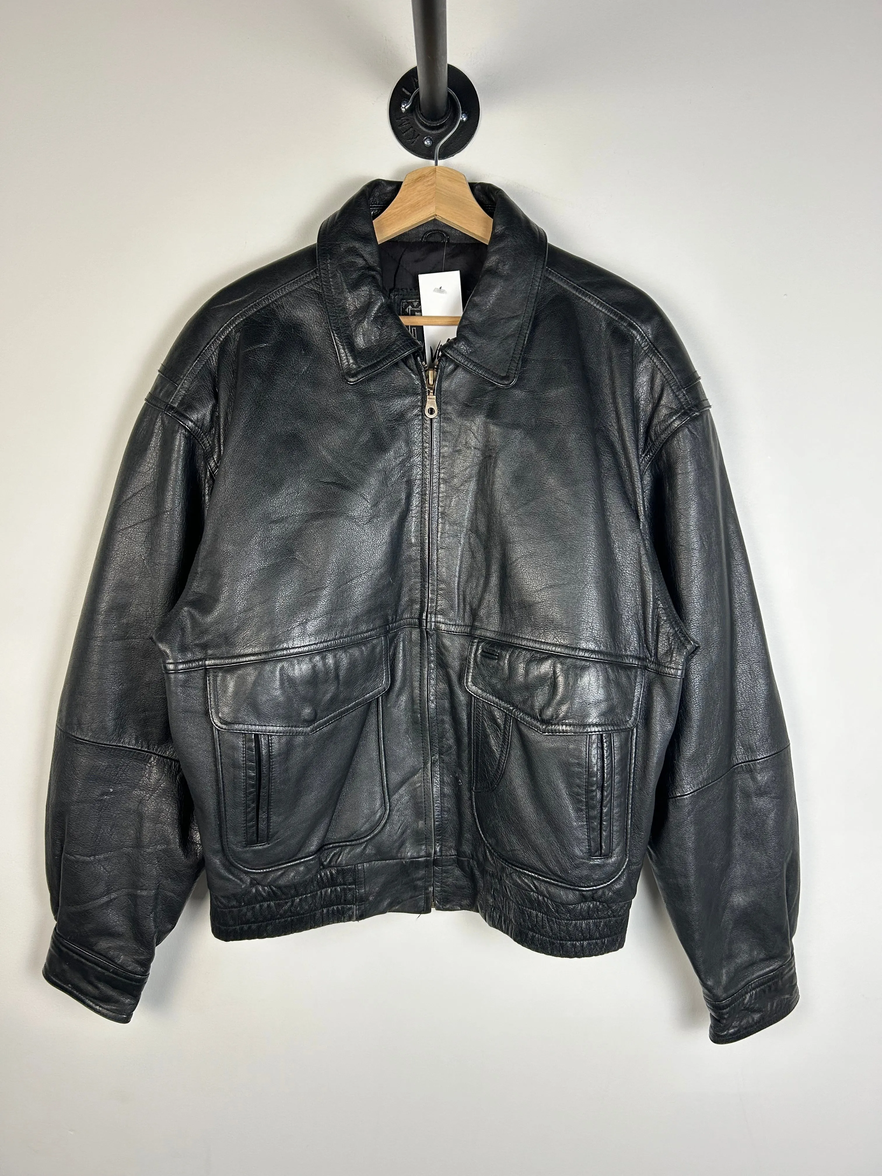 Vintage Y2K Winlit Leather Black Bomber Jacket