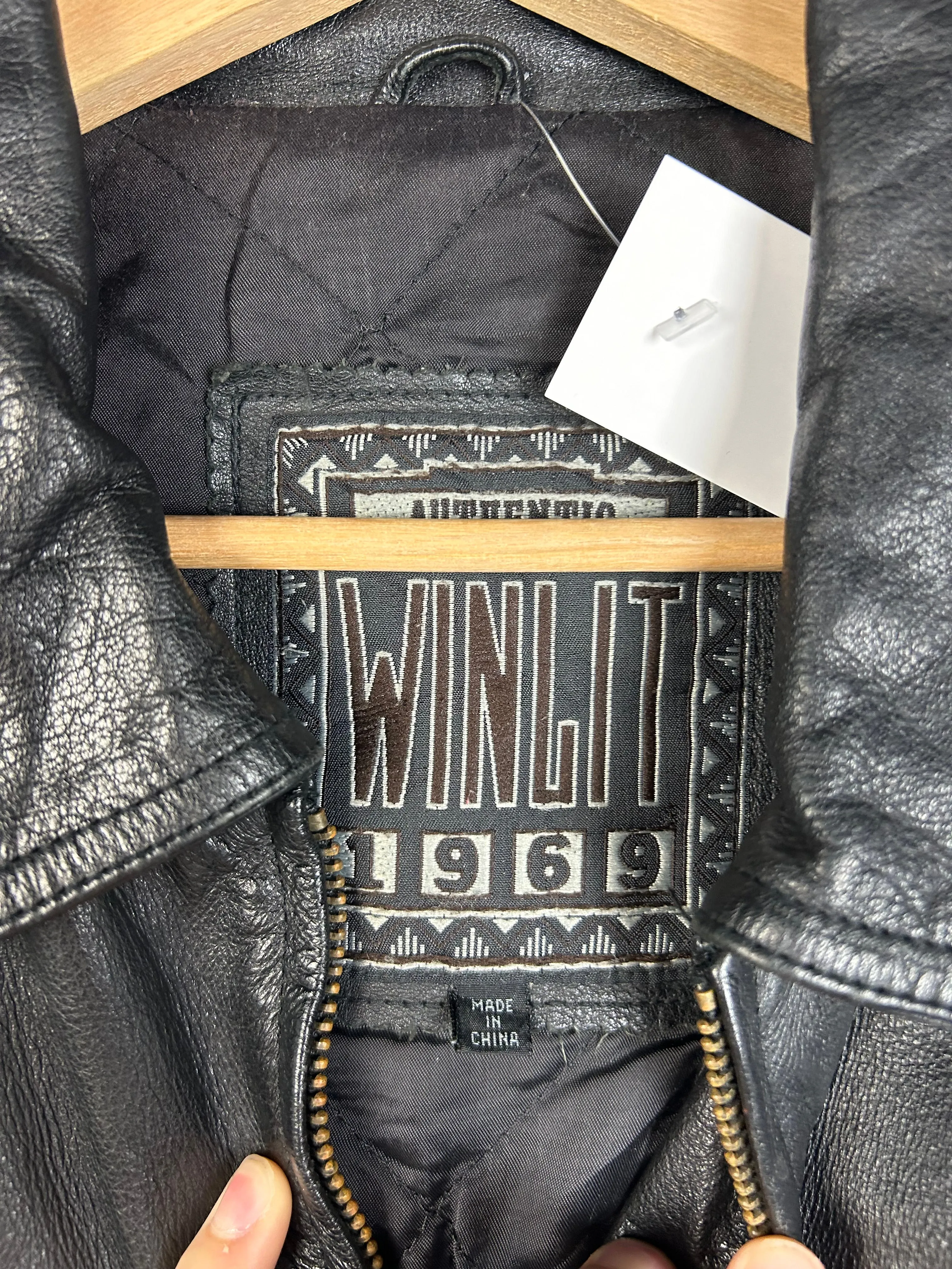 Vintage Y2K Winlit Leather Black Bomber Jacket