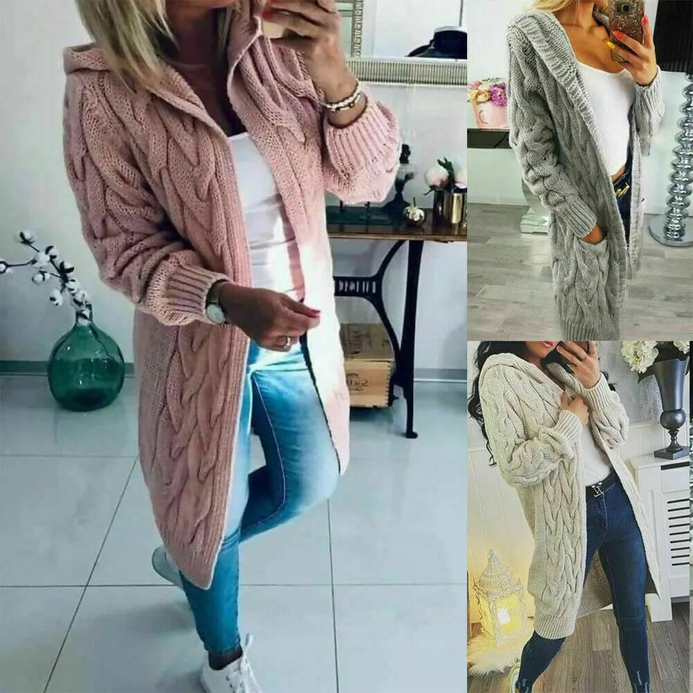 Women Full Sleeve Cable Knit Cardigan Hooded Long Line Jumper