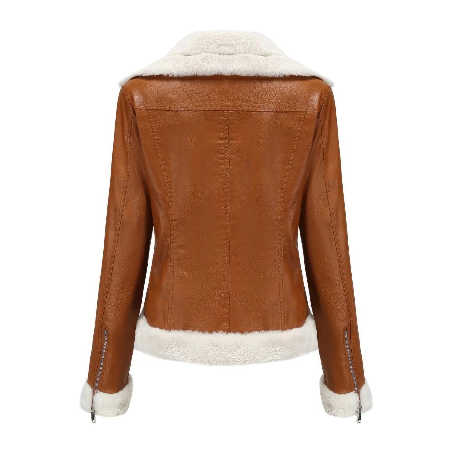 Women’s Brown Biker Genuine Sheepskin Sherpa Shearling Faux Fur Moto Café Racer Asymmetric Bomber Leather Jacket