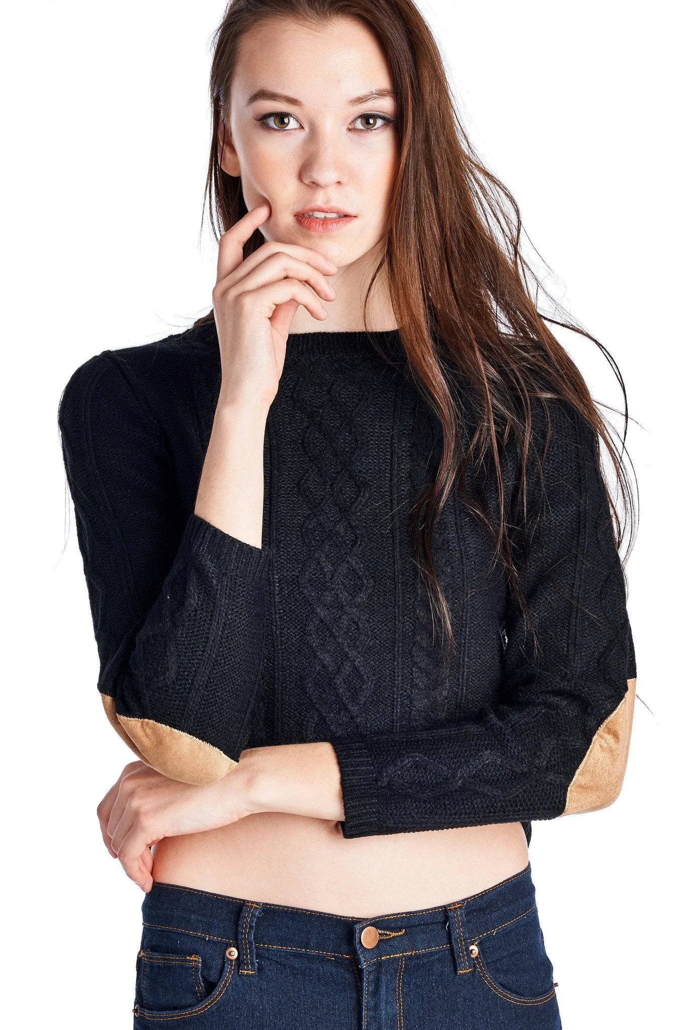 Women's Long Sleeve Cable Knit Crop Sweatshirt