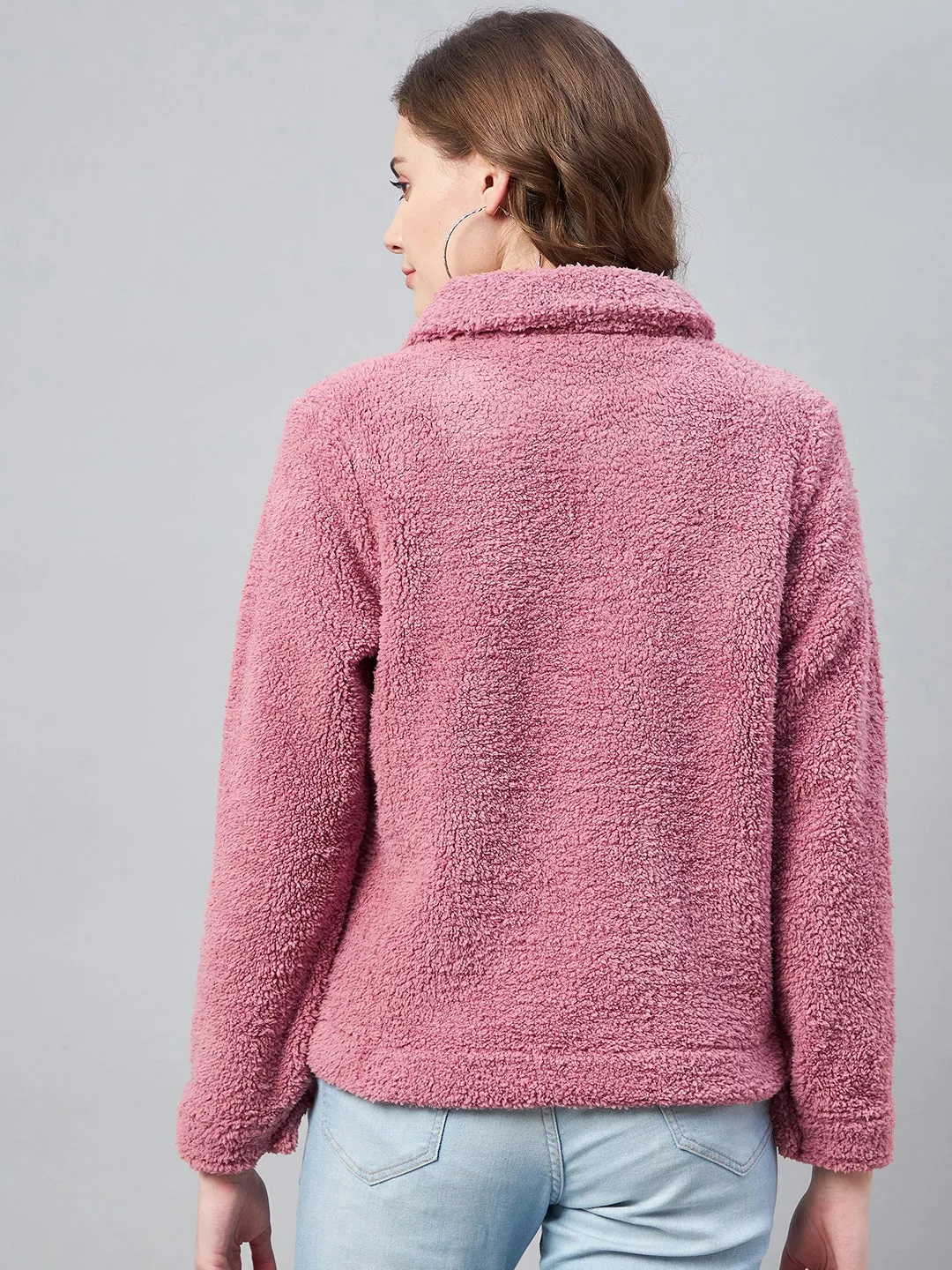 Women's Pink Fleece Casual Winter Jacket - StyleStone