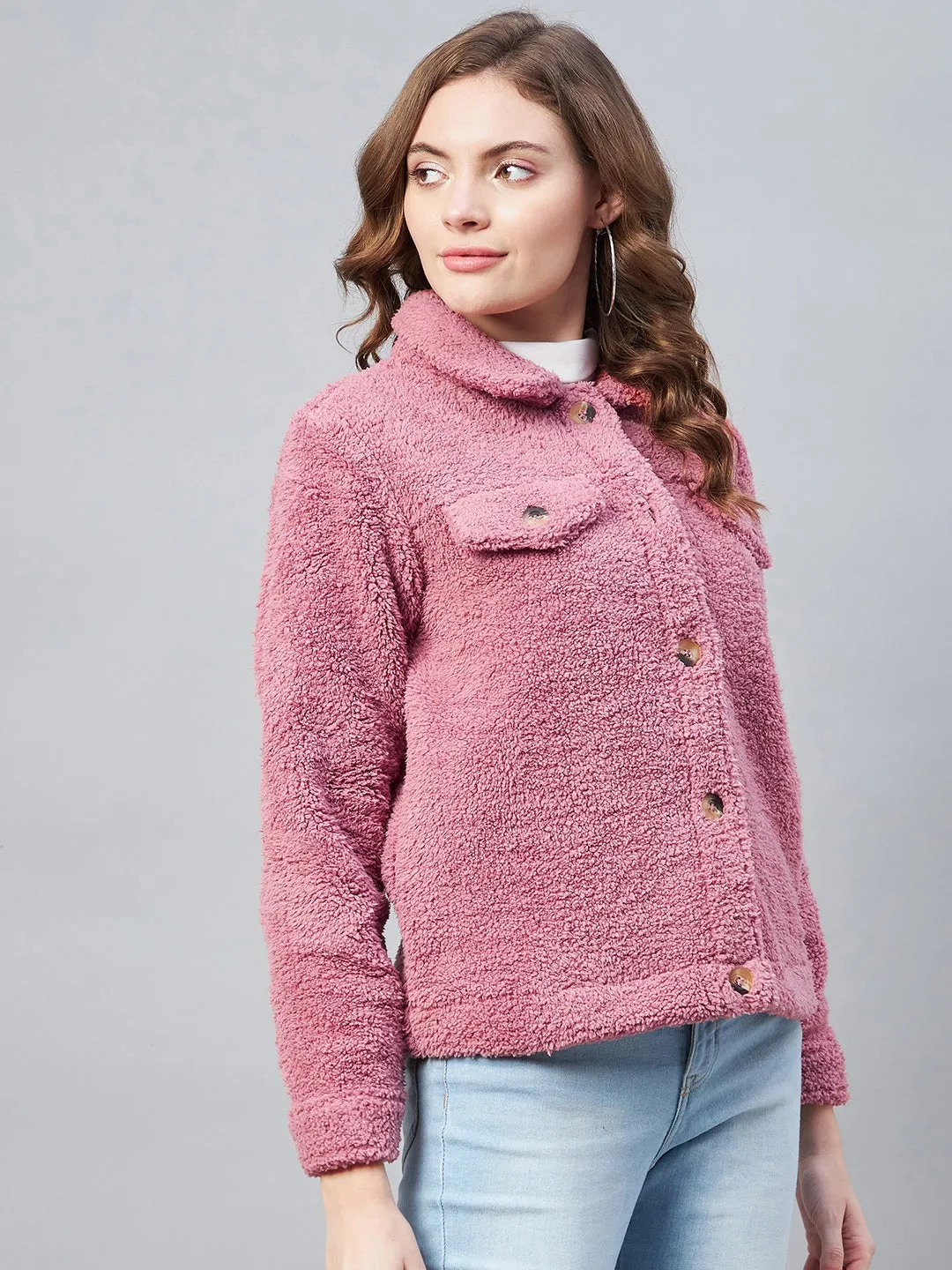 Women's Pink Fleece Casual Winter Jacket - StyleStone