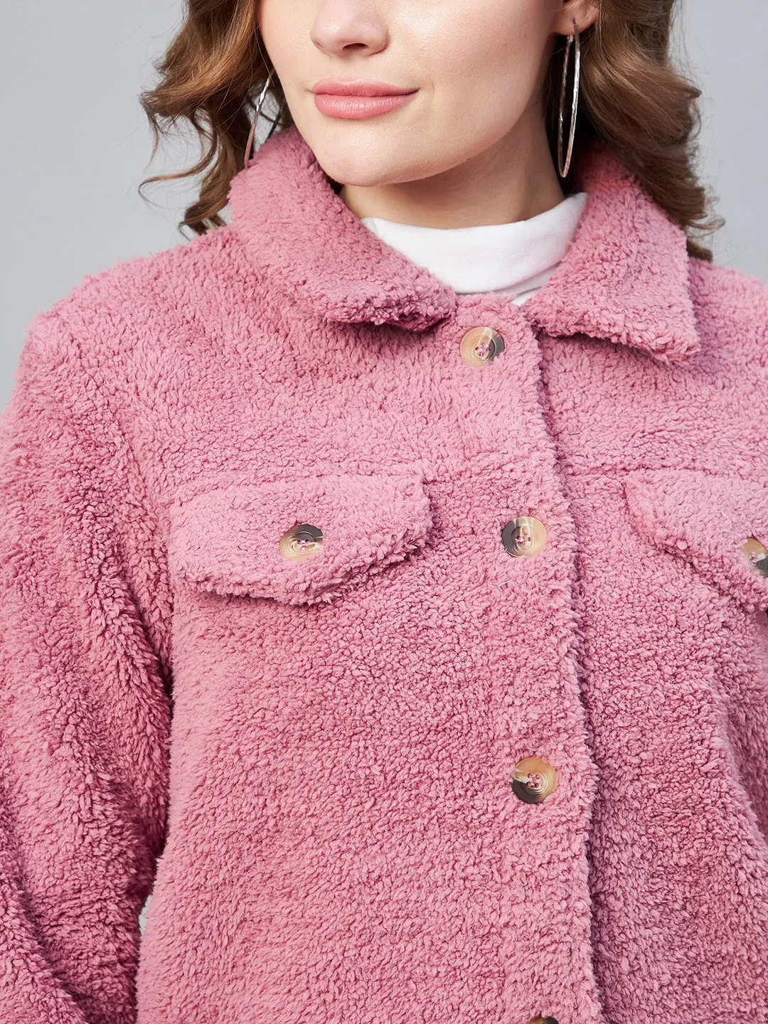 Women's Pink Fleece Casual Winter Jacket - StyleStone