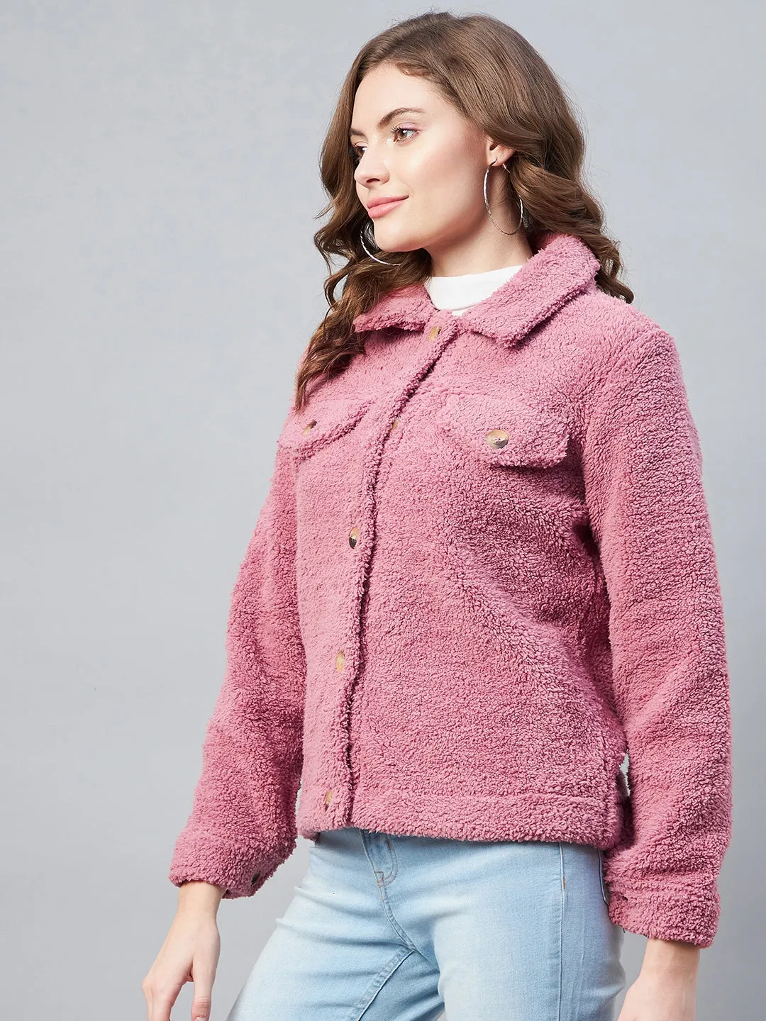 Women's Pink Fleece Casual Winter Jacket - StyleStone