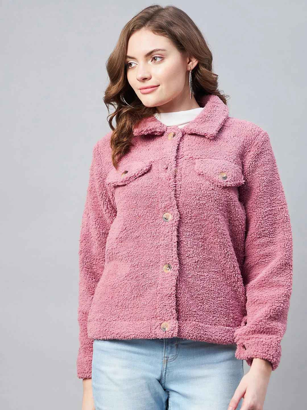 Women's Pink Fleece Casual Winter Jacket - StyleStone
